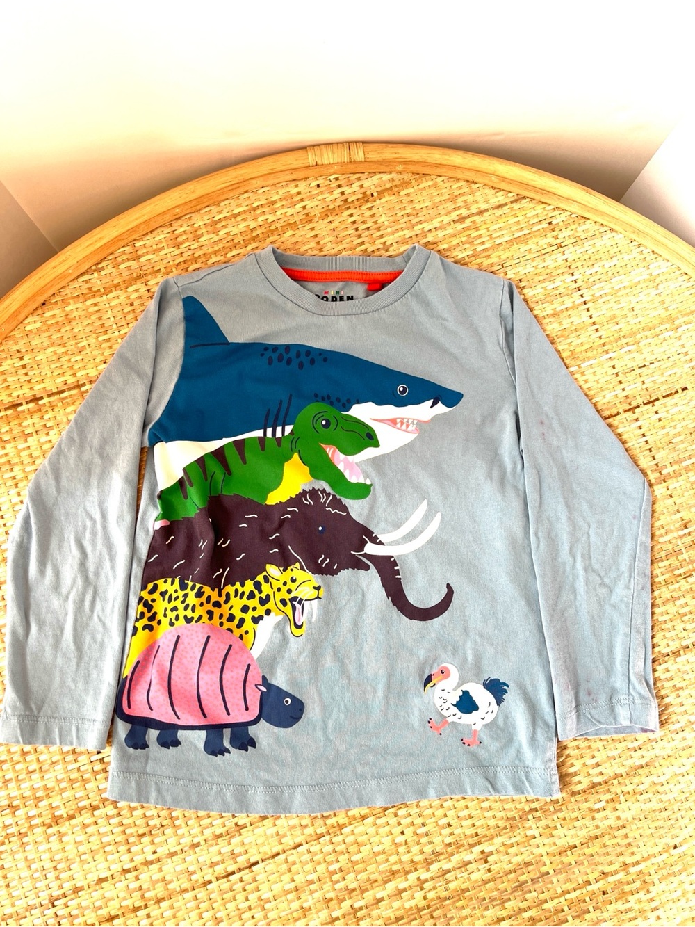 Mini Boden Long Sleeve Tee Light blue Stacked Extinct Prehistoric Animals 5-6yr